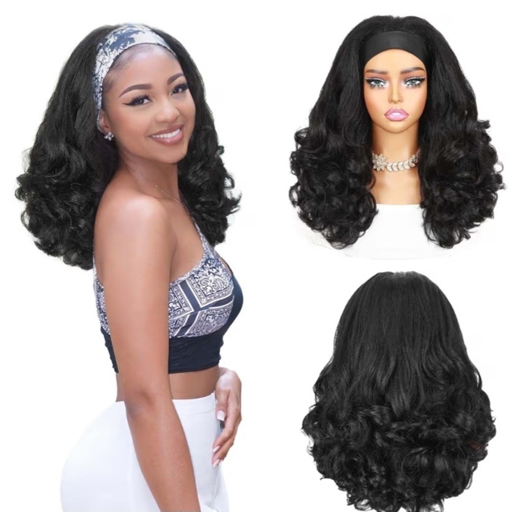 Yaki Headband Wig 20 Inch Curly Natural Black Synthetic Hair Glueless  NEW